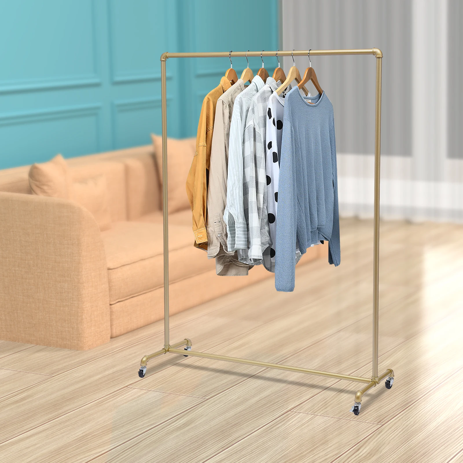 

120*160cm Gold Industrial Style Clothing Rack Floor-standing Clothes Rack High Load-bearing Clothes Storage Rack with Rollers