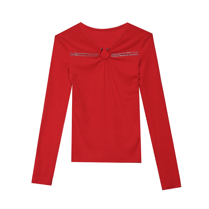 MadBlack – Camiseta feminina europeia, top sexy com decote em V e diamantes quentes, roupa de balada de manga comprida slim oca, outono inverno T4N502CC