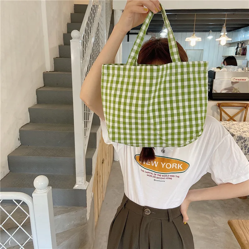 Canvas Tote Bag Women Gingham Plaid Handbag Checkered Small Lunch Bag Cute Korean Style Casual Daily Shopping Purse Eco Friendly