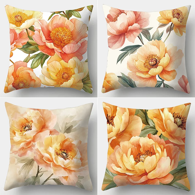 Romantic Peony Floral Print Pillow Covers Cushion Case Set of 4 Luxury Home Decoration Square 40x40cm Bedding Accents