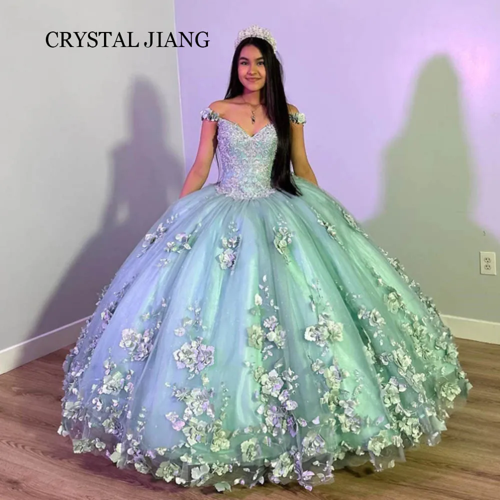 Edles langes Grün von der Schulter Perlen Tüll Quince anera mit Applikationen Ballkleid Vestidos de 15 Quinceañera 2024