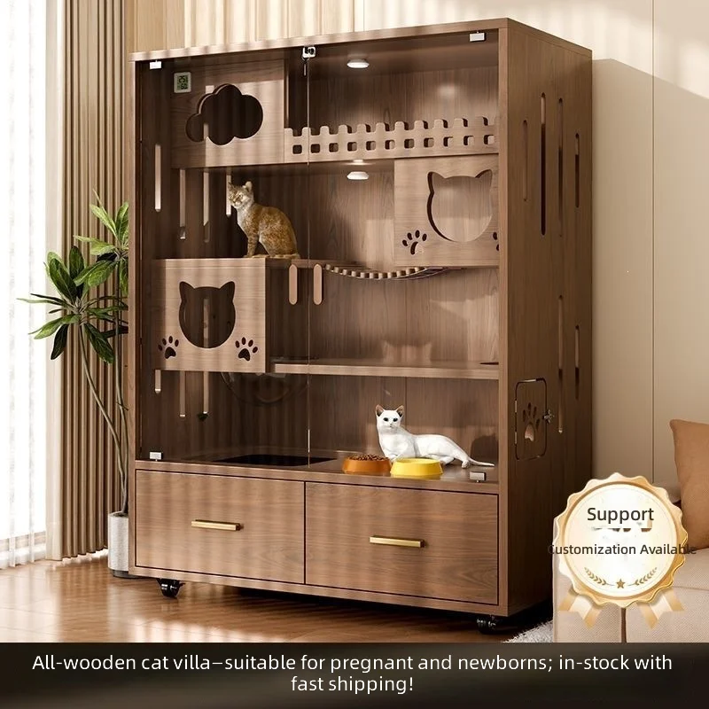 Luxury Cat Villa, 3-Tier Wooden Cat House, Panoramic Cat Cabinet, Climbing Frame, Condo, Multi-Level Tree, Pet Furniture