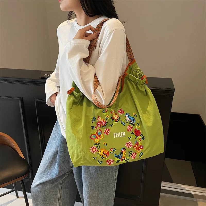 

FEILER New Eco-Friendly Embroidery Shopping Bag Nylon Fabric Embroidery Tote Bag Niche Fashion Underarm Shoulder Bag Women