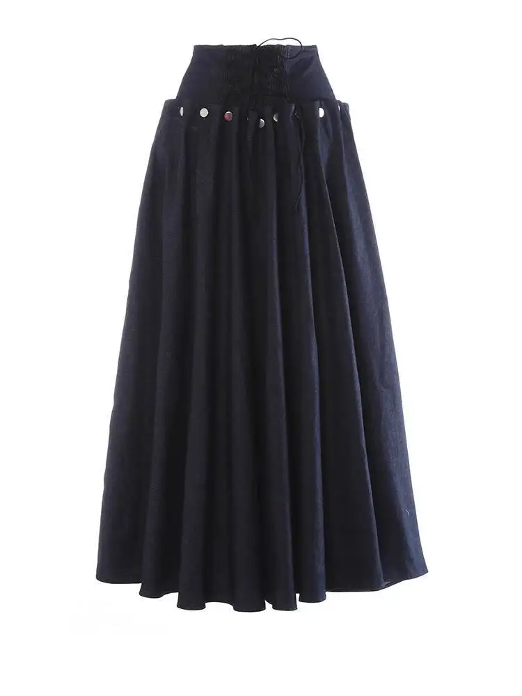 Blue Navy High Waist Button Pleated Elegant A-line Half-body Skirt Women Fashion New Spring Autumn 2026 1DCI4