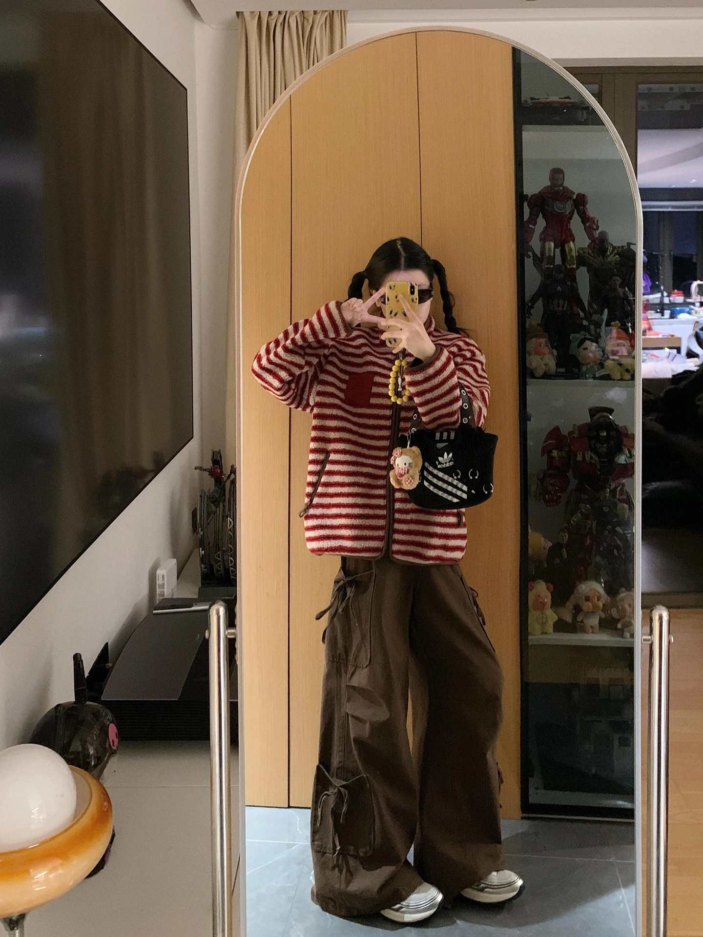 

Retro Red Striped Collared Thiened Lamb Fur Jaet Winter New Lazy Loose Casual Plu Top Women's Commute Sle Outerwear