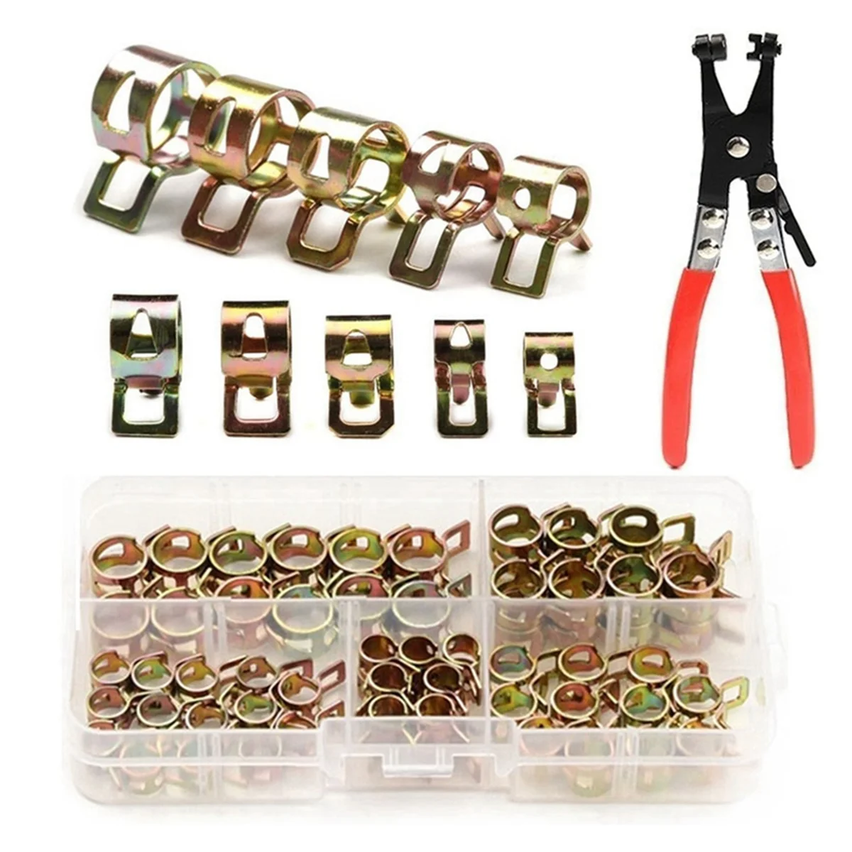 75 PCS Zinc Plated Spring Hose Clamps + Straight Throat Tube Clamp for Band Clamp Metal Fastener Assortment Kit