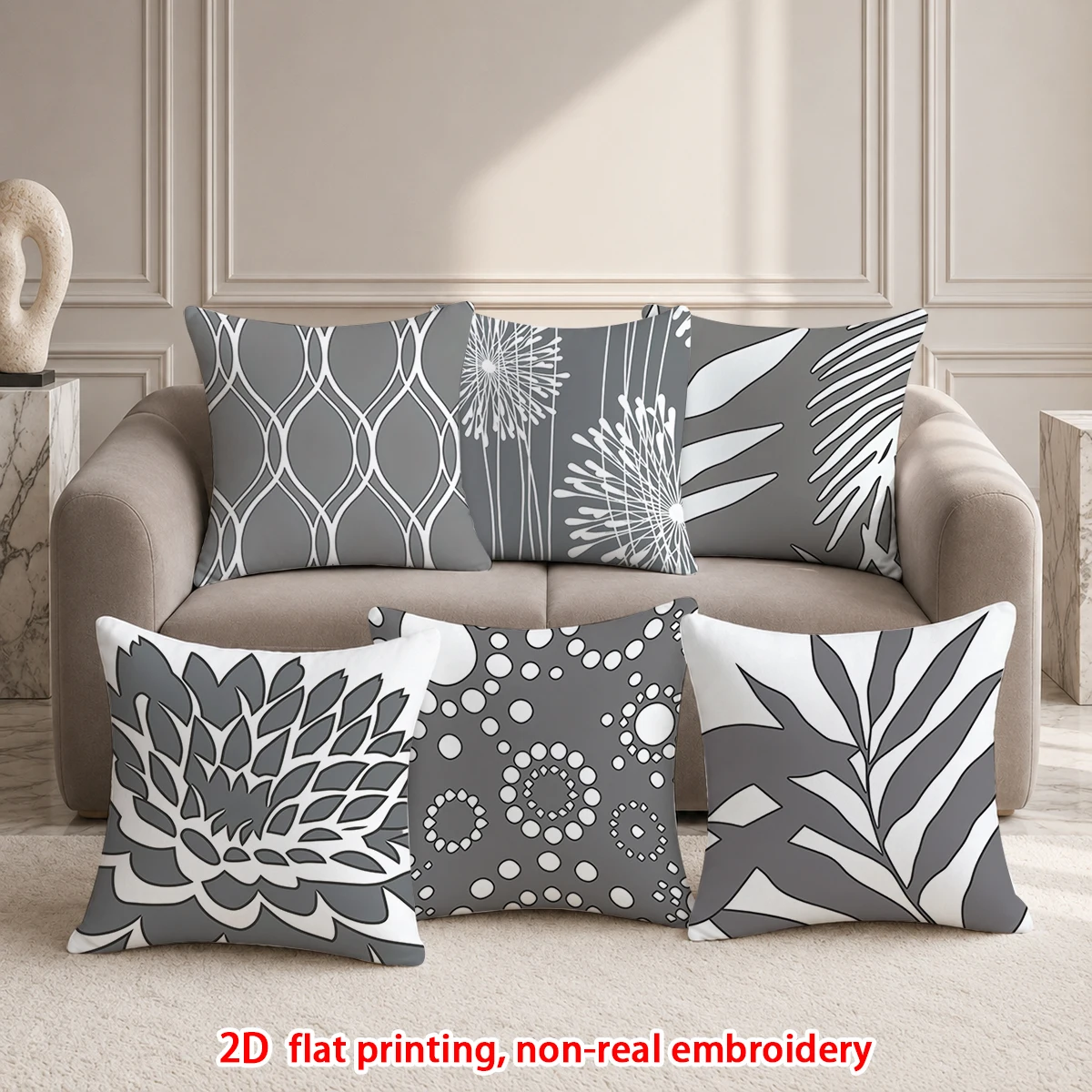 1pc  Set of 6 Modern Geometric Botanical Throw Pillow Covers, Neutral Grey and White Decorative Cushion Cases for Sofa Bedroom