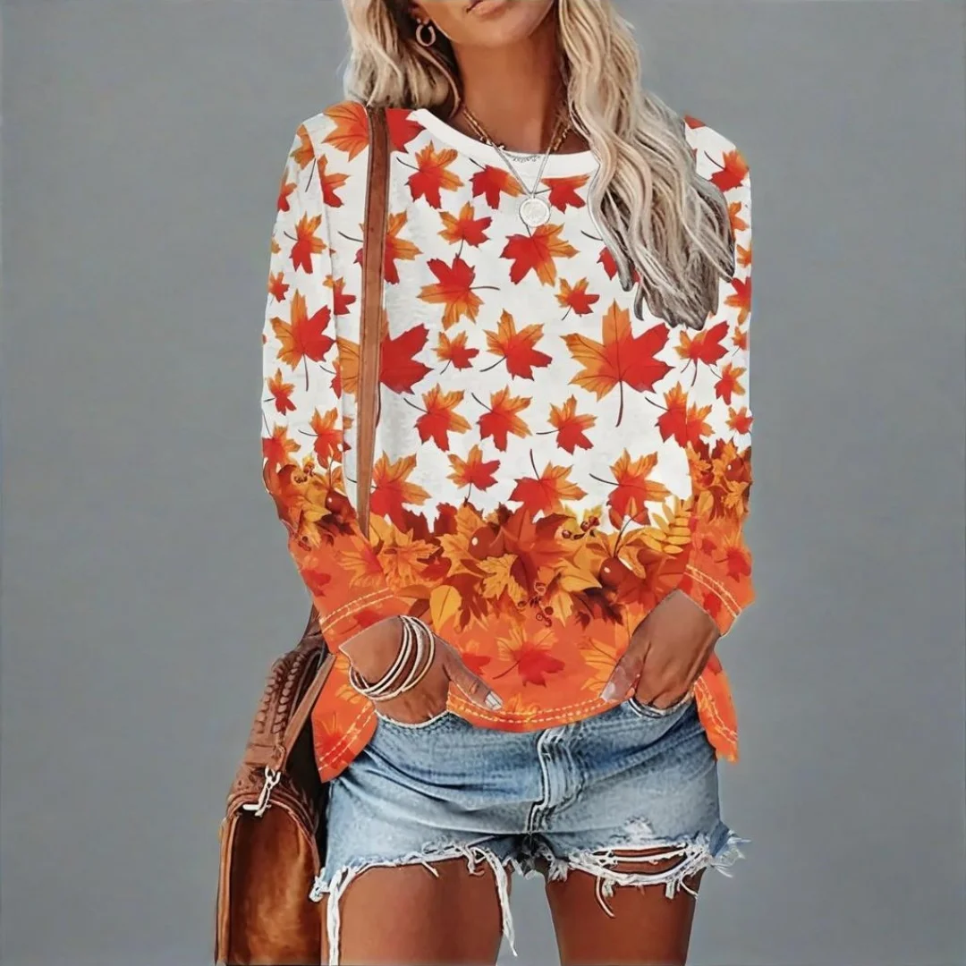 

Four Seasons Women's Clothing Outdoor Casual Women's Long Sleeve T-Shirt Floral Maple Leaf Round Neck Top Long Sleeve T-Shirt