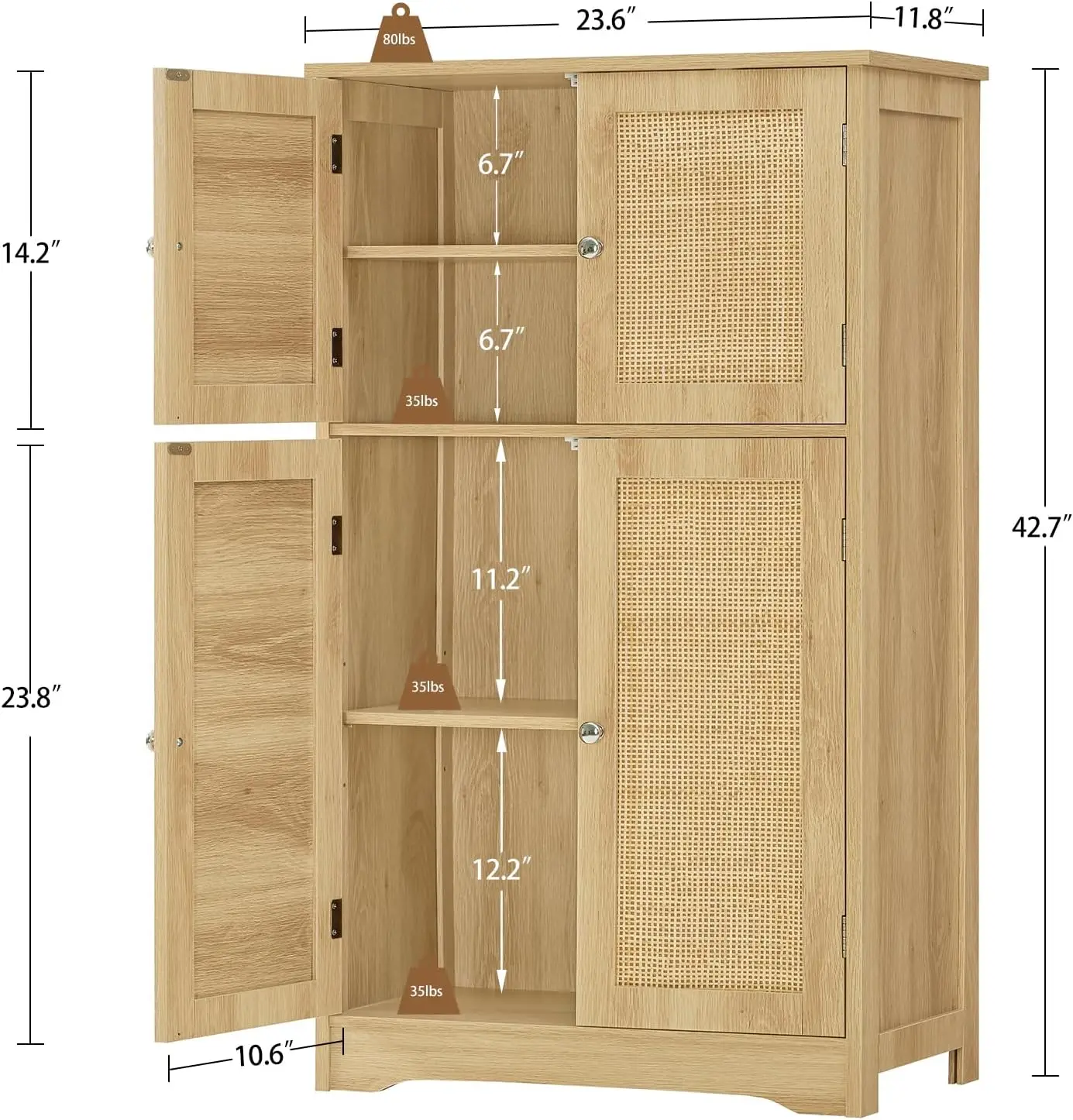 Iwell Aufbewahrungsschrank, Rattanschrank mit 4 Rattantüren und verstellbarem Regal, Badezimmer-Bodenschrank für Wohnzimmer, Eingangsbereich