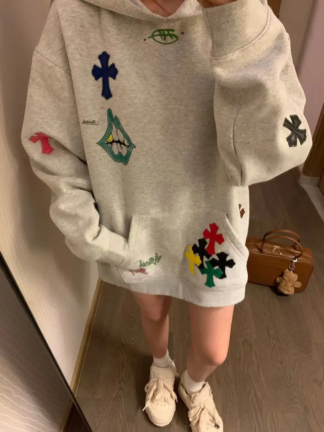 Hoodie Embroidered Colorful Cross Spring And Autumn Women\'S 2024 New Popular Lazy Style Loose Plus Velvet Pullover Sweatshirt