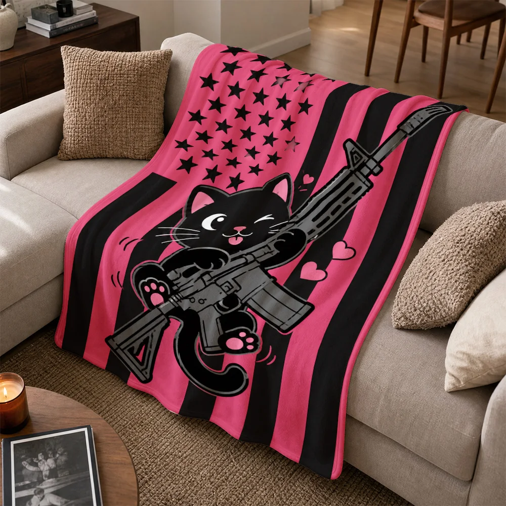 Stylish Cat Gun Throw Blanket Sofa Couch Throw Home Decor Gift for Cat Lovers Aesthetic Pop Art Striped Accent Throw Cozy Blanke