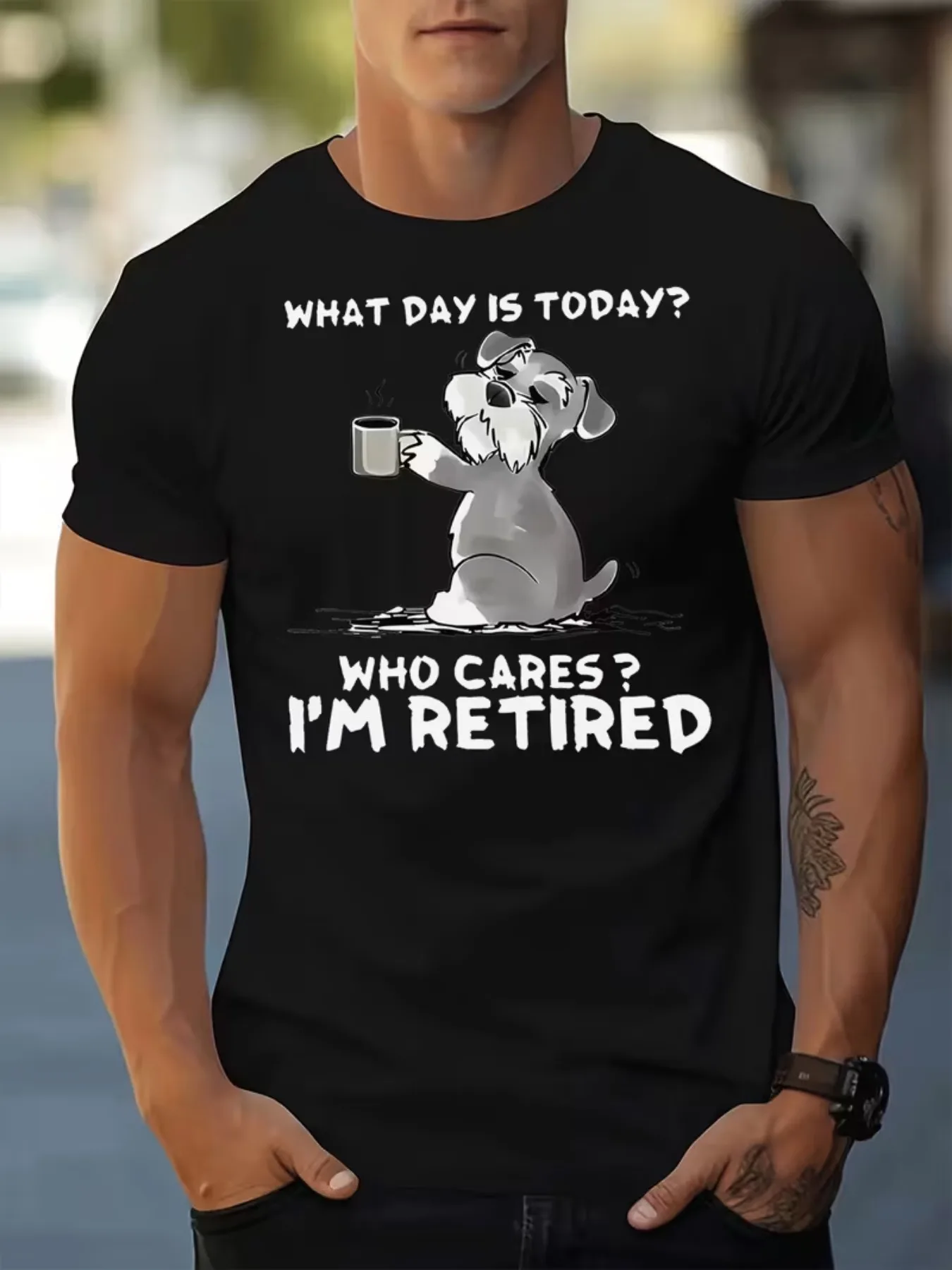 Men's Funny Retirement T-Shirt with Schnauzer Dog & Coffee Mug Graphic - 