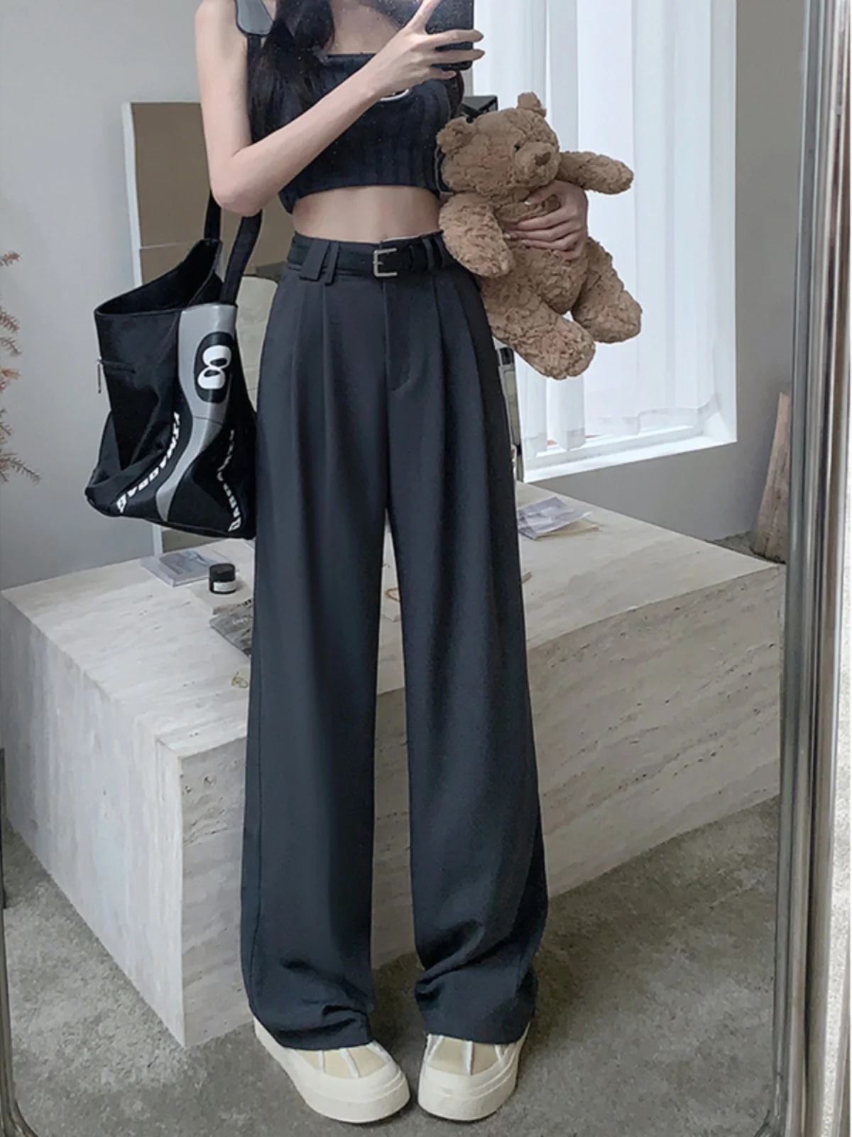 Ladies' Summer New High Waisted Suit Pants Wide Leg Pants Solid Color Trousers Office Lady Pants