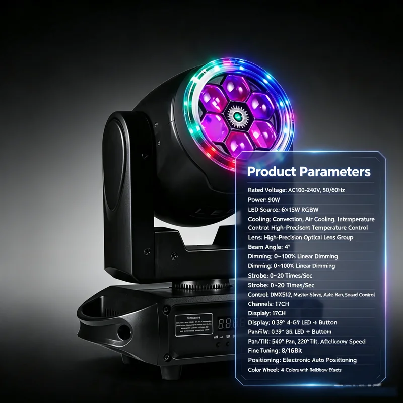 6X15W RGBW 4in1 LED Professional Stage Laser Light 90W RGBW Mixing DMX512 17CH Sound Active Stage Lighting for Performance