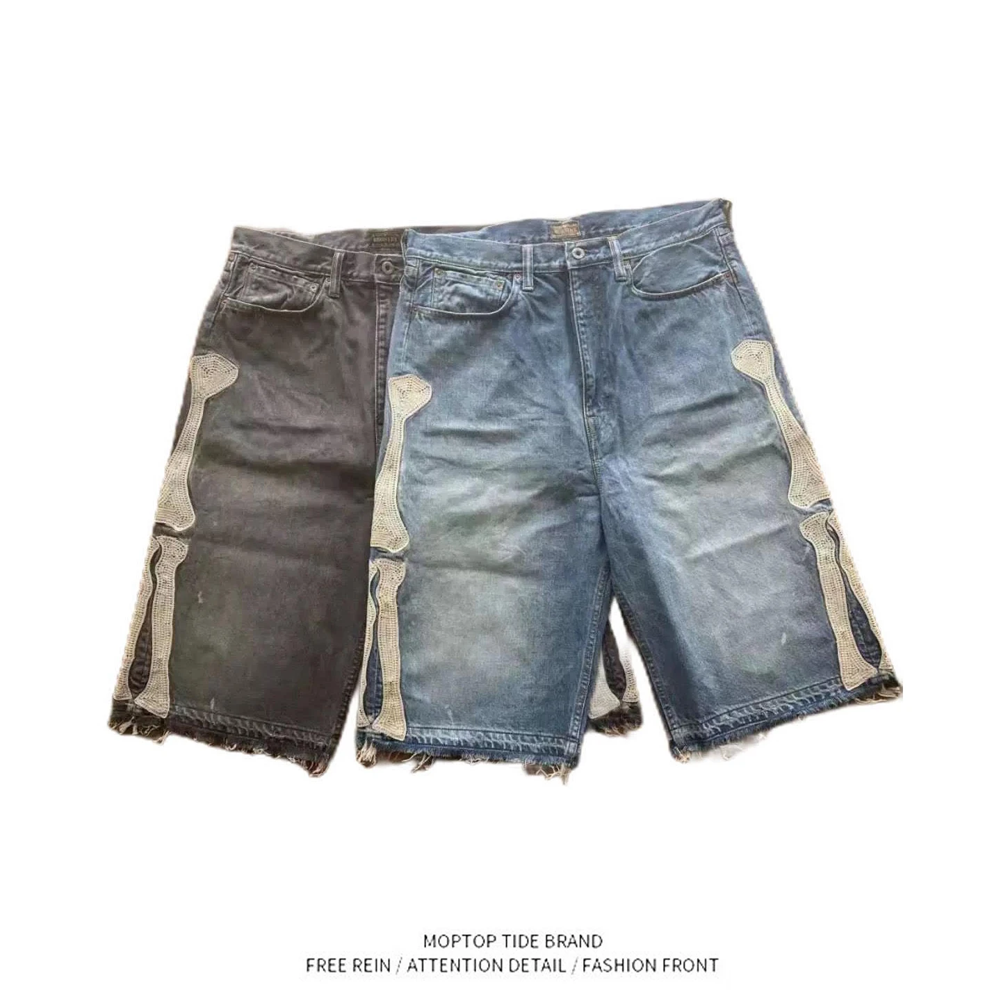 

American Streetwear Vintage Design Jeans orts for Teen Boys Casual Embroidered Bone Straight Leg mid Low Waist Summer orts