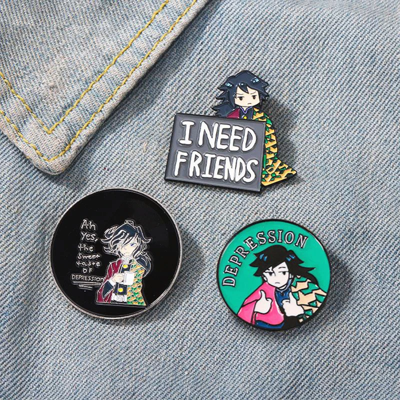 Need Friends Lapel Badges Cartoon Jewelry Gift for Fans Friends Tomioka Giyuu Depression Enamel Brooch Custom Anime Pines