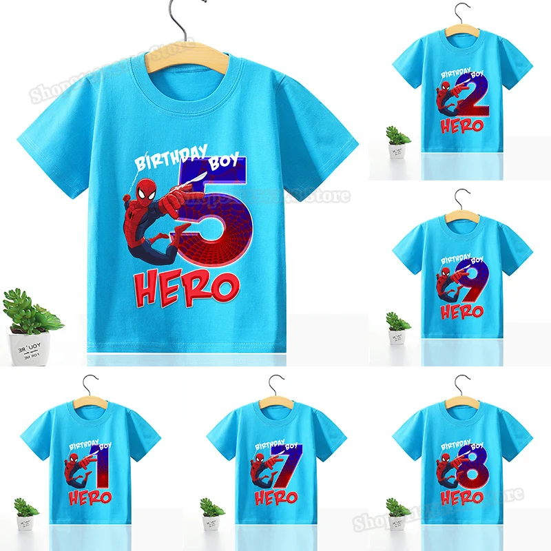 Marvel Spider-man T-shirt Kids Birthday Number Print Children Clothing Boys Fashion Tops Tshirt Cotton Summer Round Neck Gift