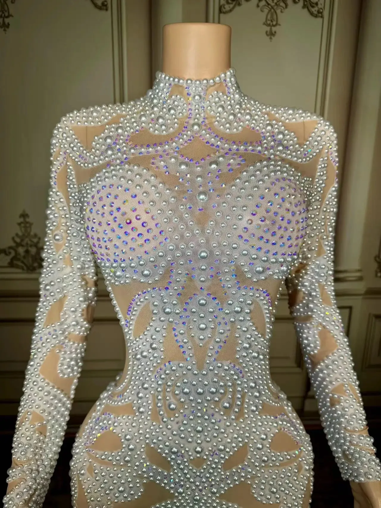 

New Fashionable Woolen Clothes Sexy Luxury Bodycon Vestidos Para Mujer Elegante Gown With White Pearl Beads