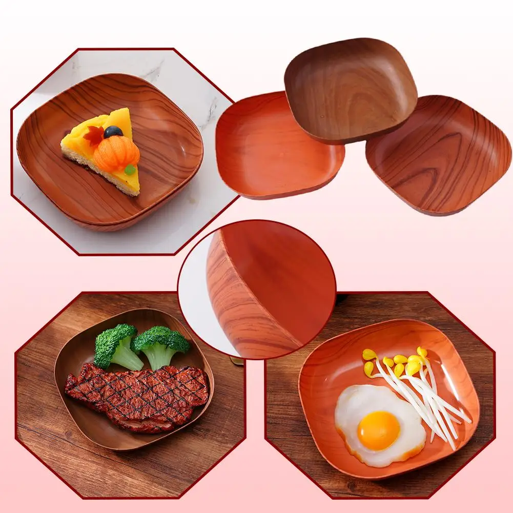 1pc Kitchen Wood Grain Plastic Square Plate Bone Spitting Disc Japanese Household Use Creative Plastic Tableware  Tray Organizer