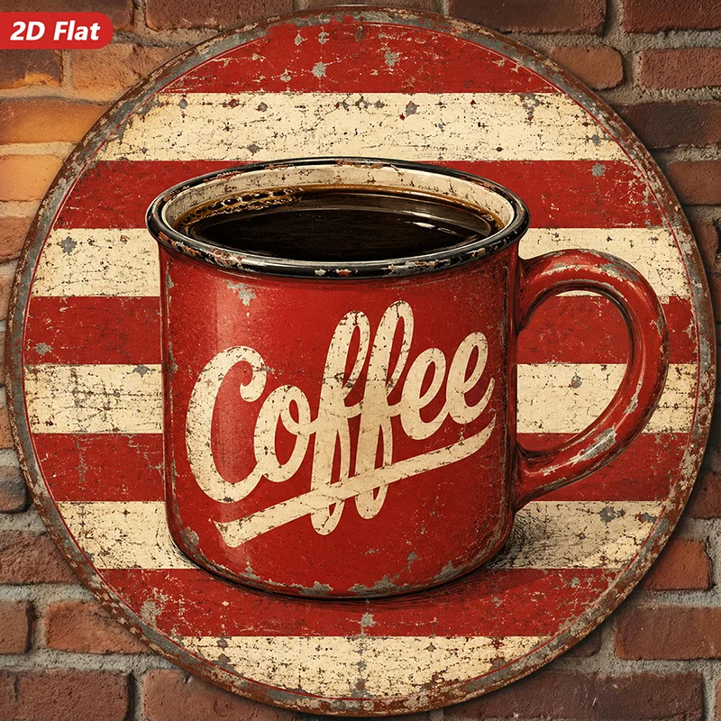 2D Flat, 1pc Round Metal Sign Wall Art, Vintage - Style, Red - and - White Striped Decorative Sign, - Themed, Retro Art, Home De
