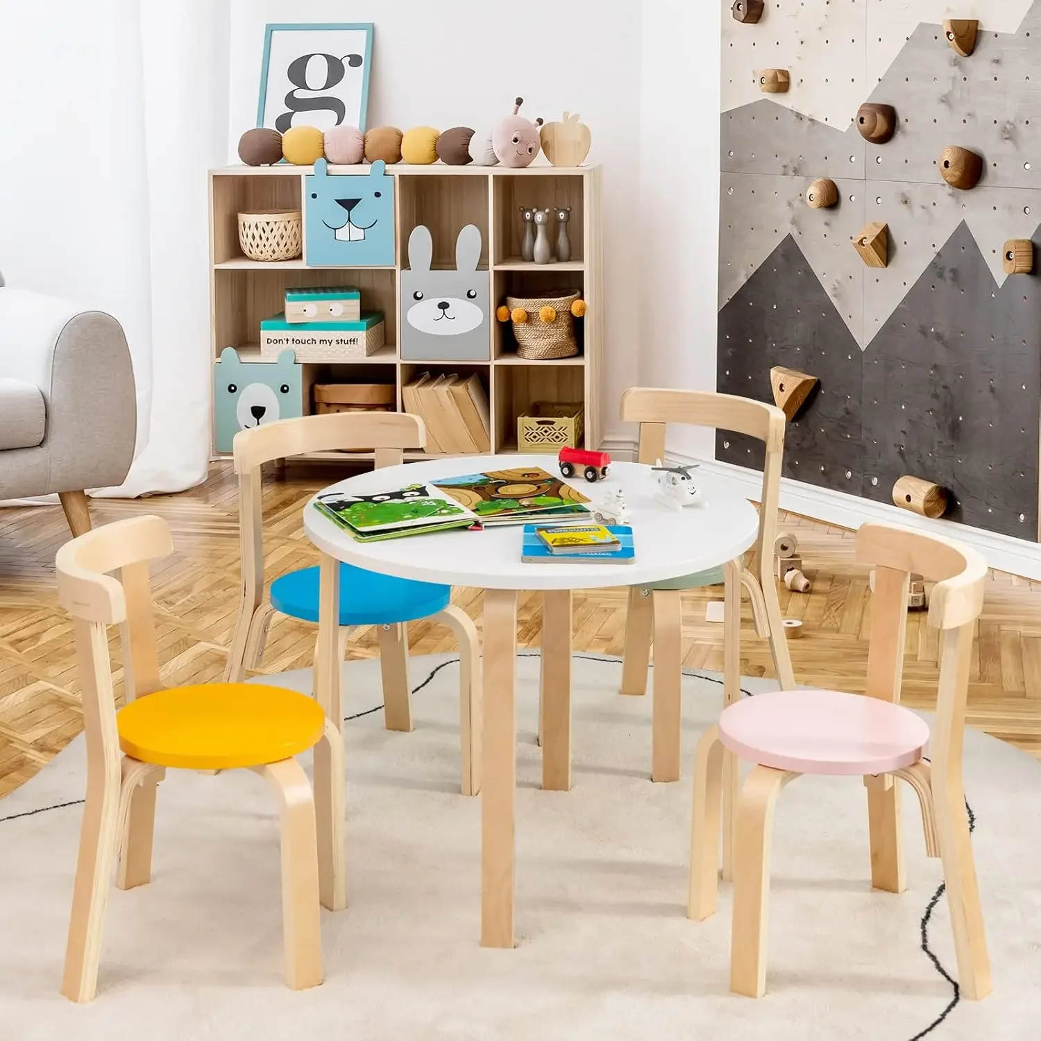 Kids Table and Chair Set, 5-Piece Wooden Activity Table w/ 4 Chairs, Toy Bricks, Classroom Playroom Daycare Furniture