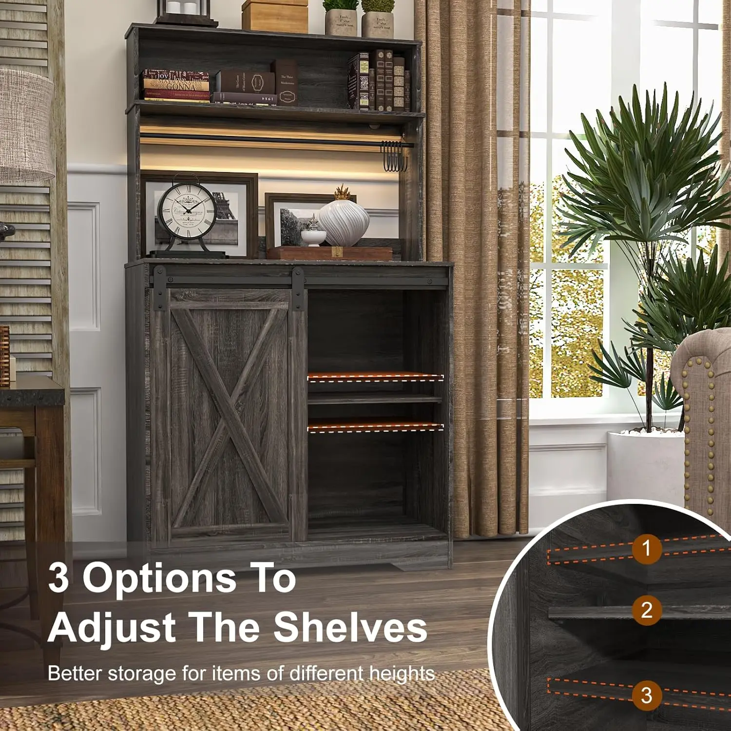 خزانة بار القهوة في المزرعة مع ضوء LED، رف خبازين مقاس 55 بوصة مع مساحة تخزين، وخزانة قهوة كبيرة مع 6 خطافات ومنزلق B