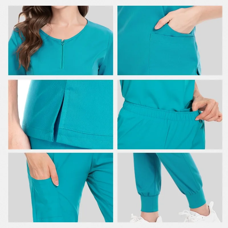 Ladies Medical Scrubs 5-Pocket Zipper V-Neck Uniforms for Nurses & Beauticians Micro Elasticity Hospital/SPA/Dental Clinic Use