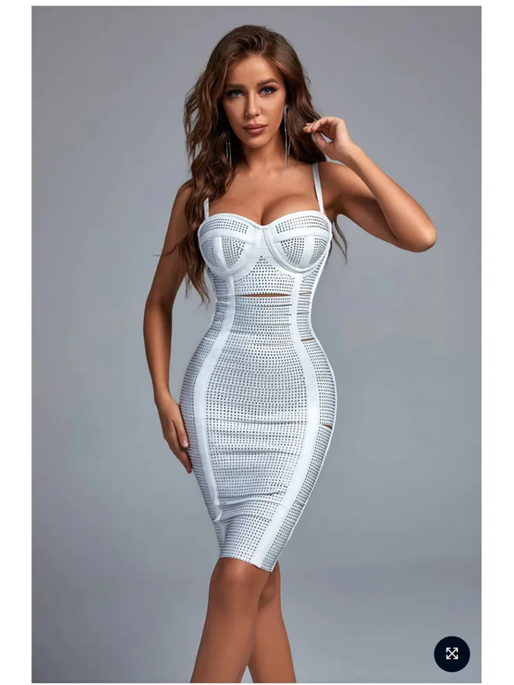 New Summer White Color Women Sleeveless Sexy Hollow Out Bodycon Mini Dress Bandage Celebrate Birthday Party Dress