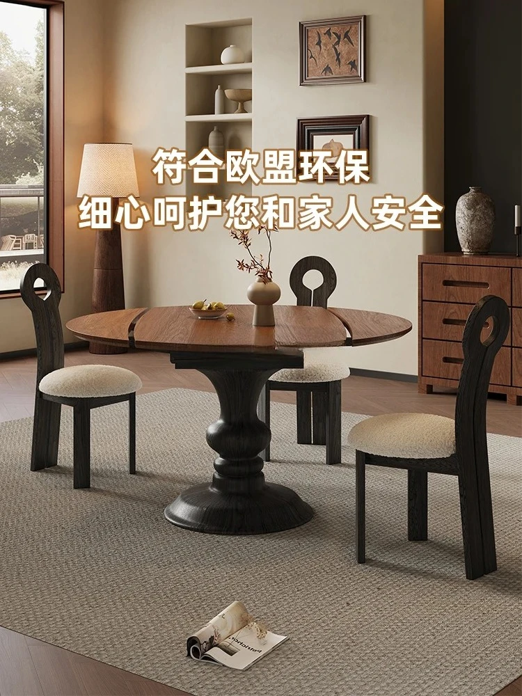 Vintage Style Solid Wood Dining Table French Retro Style Home Small Apartment Extendable Folding Round Square