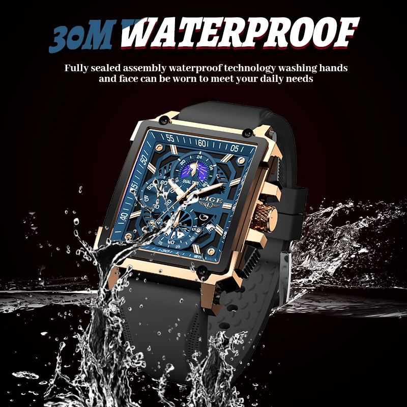 LIGE Military Mens Watch Fashion Sport Calendar Quartz Watches Men Waterproof Moon Phase Chronograph Silicone Strap Man Watch