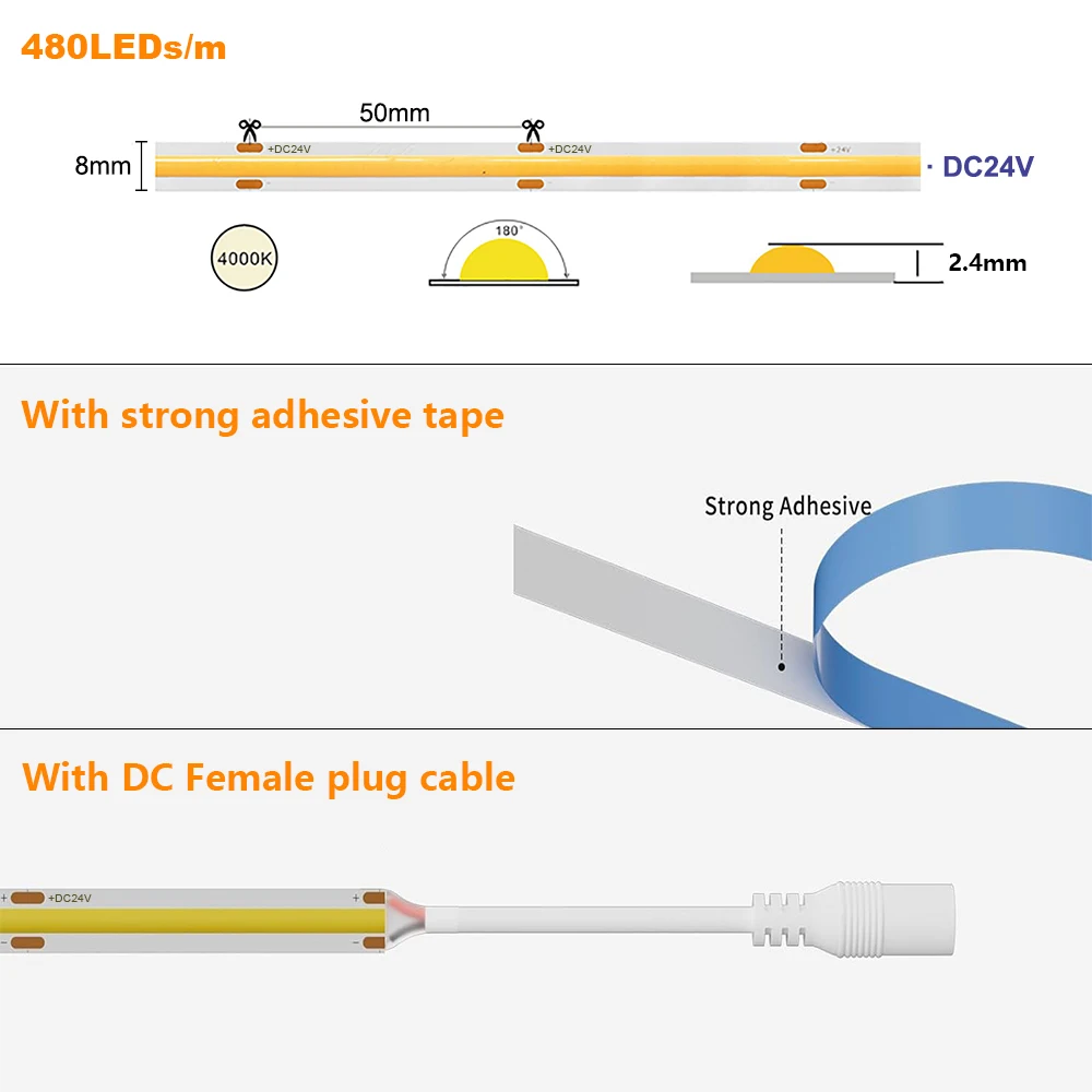 6 metrów pasek COB LED światła 8mm 480 diod Led/m 19,7 stóp wysokiej gęstości elastyczna taśma wstążka 4000K światła LED DC24V