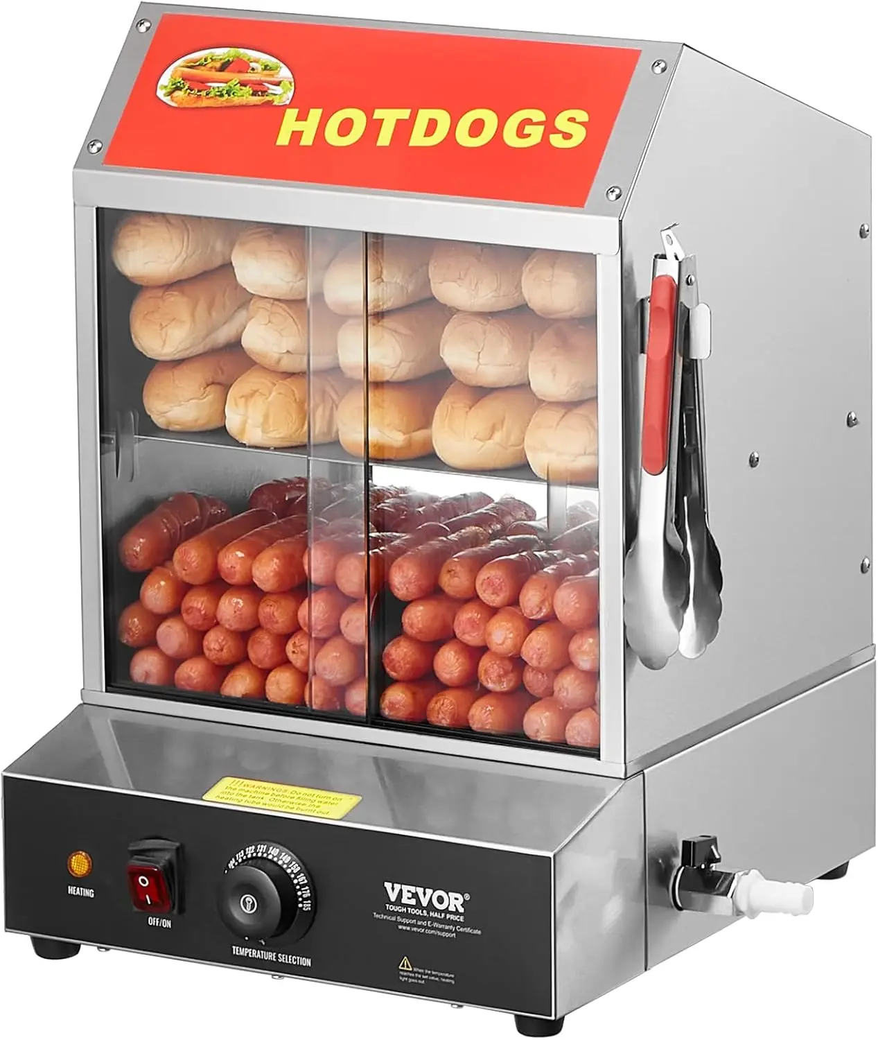 Dog Steamer, 28.5QT, 2-Tier Hot Dog Hut Steamer, 86℉~185℉ Temperature Control, Electric Bun Warmer with Tempered Glass Slide Doo