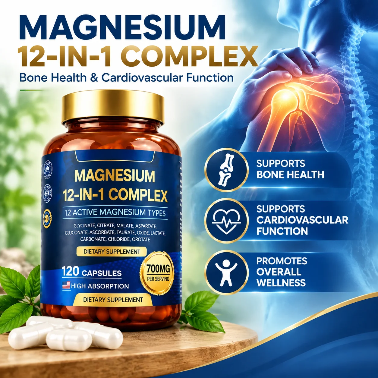 Magnesium 12-in-1 Complex Capsules,Bone Health & Cardiovascular Function,700mg High Potency, Glycinate,Citrate, 120 Capsules