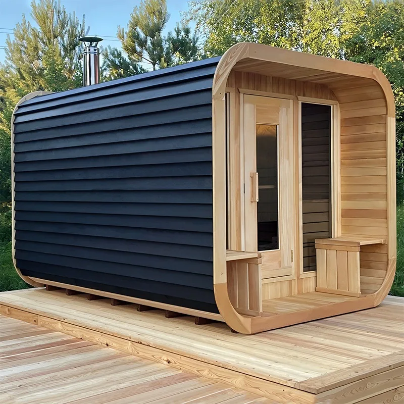 Canadian Red Cedar Outdoor Cube Sauna with Gym Outdoor Panoramic Combination