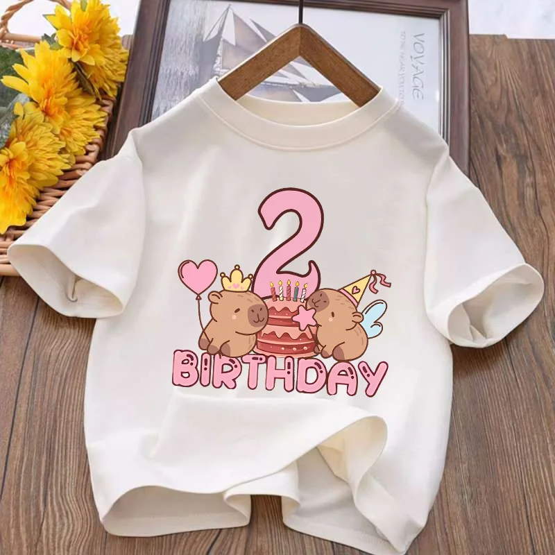 Capybara Child Casual Shirts Cotton Clothes Summer Short Sleeve White T-shirt Tee Anime Top Cute Shirt Cartoon Boy Girl Clothing