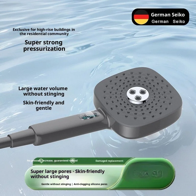 

Pressurized handheld shower head, one-button switch between four water modes, soft mist, liquid silicone anti-clogging