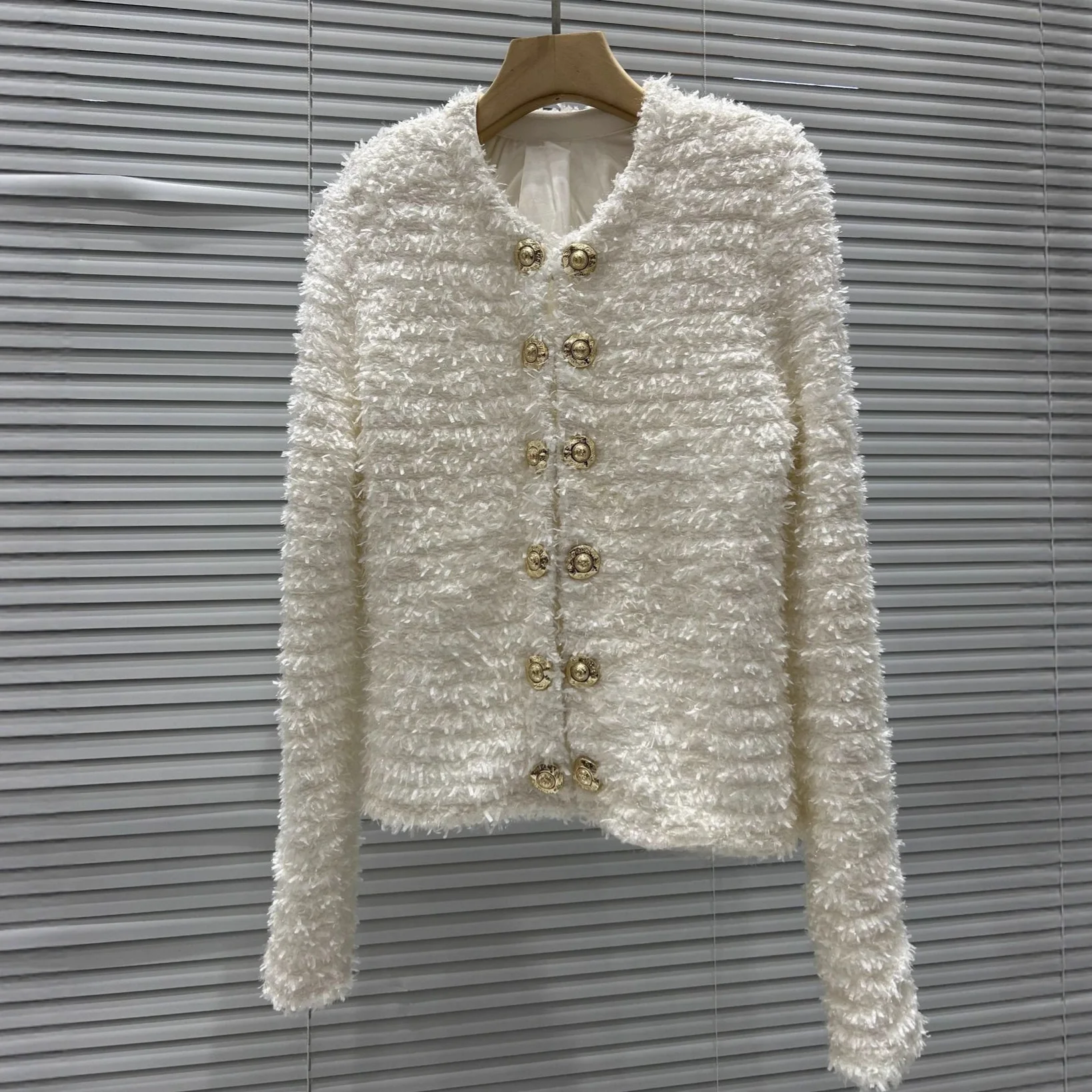 سترة نسائية محبوكة راقية طويلة Sve مستديرة Ne مفتوحة سترة Jaet Parisian فاخرة Sle صف مزدوج ذهبي أزرق إلي #2