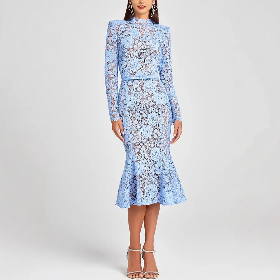 Mermaid Dress for Women Sexy Lace Floral Overlay Fishtail Dress Evening Cocktail Wedding Guest Party Bodycon Dress with Belt