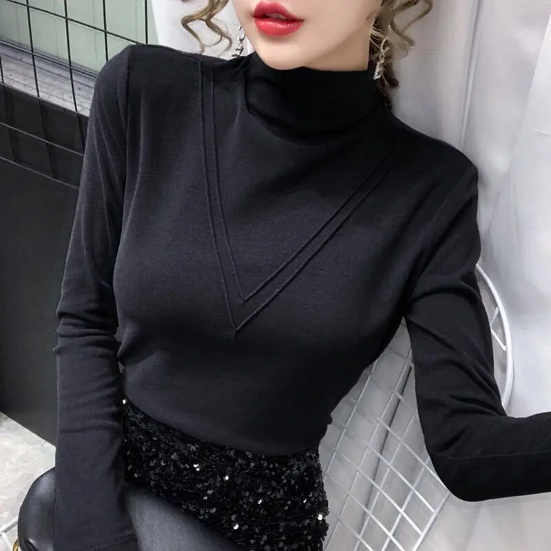 Autumn Winter New Fashion Solid Color Turtleneck Long Sleeve T-Shirts Bottoming Shirt Ladies All-match Pullover Interior Lapping