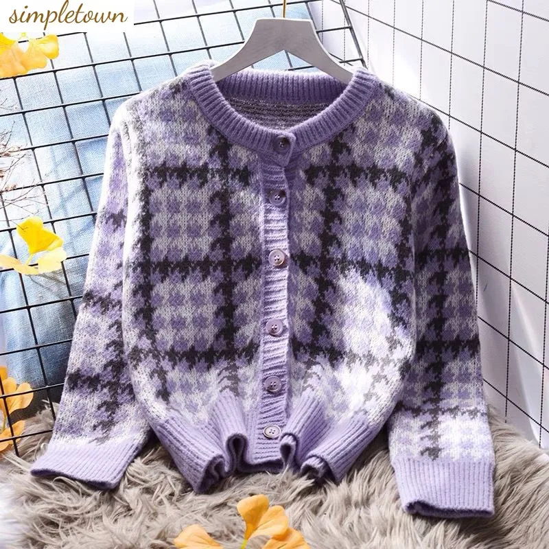 Purple Small Fragrant Checkered Sweater Jacket for Women\'s Loose and Versatile Spring and Autumn New Knitted Cardigan