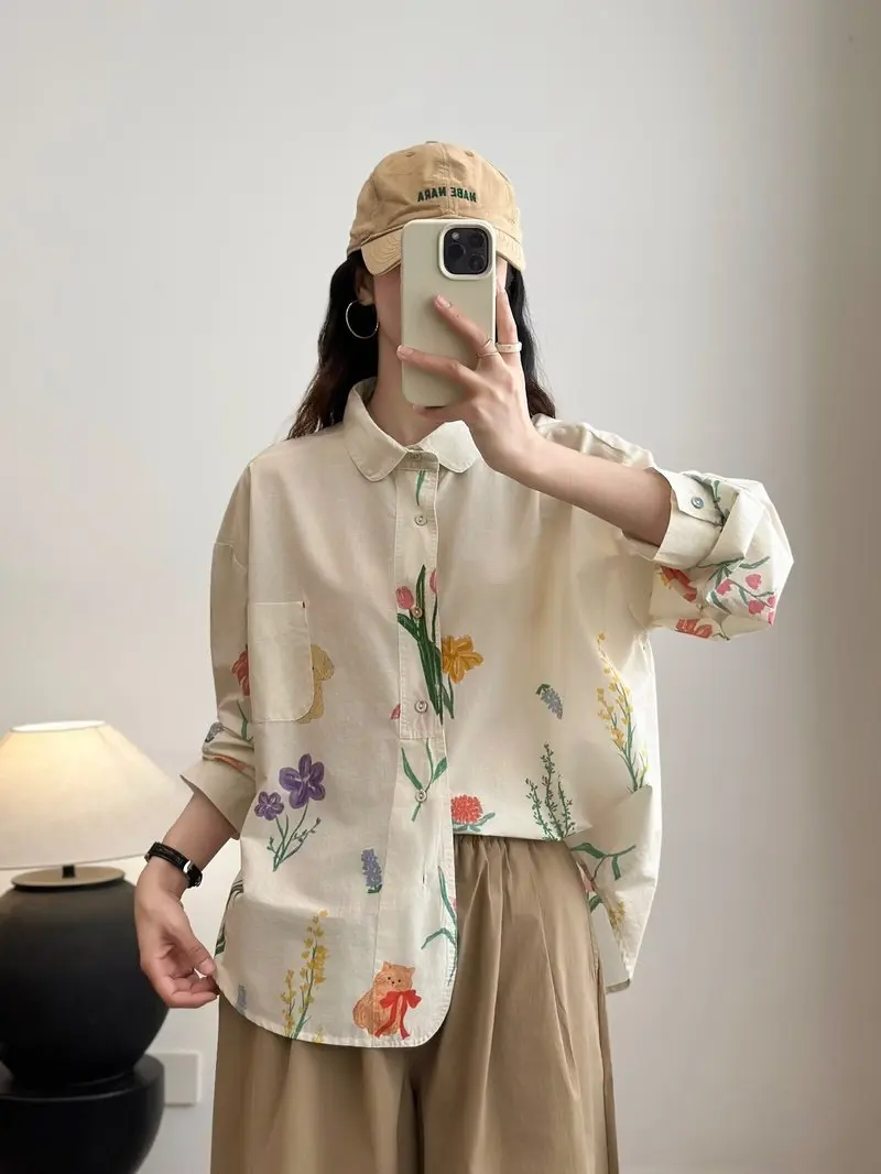 جديد 2025 الخريف قميص قطني بكم طويل ، المرأة بدوره إلى أسفل طوق طباعة ، موري فتاة الفرنسية تخفيض العمر بلوزة فضفاضة T5O676CC #2