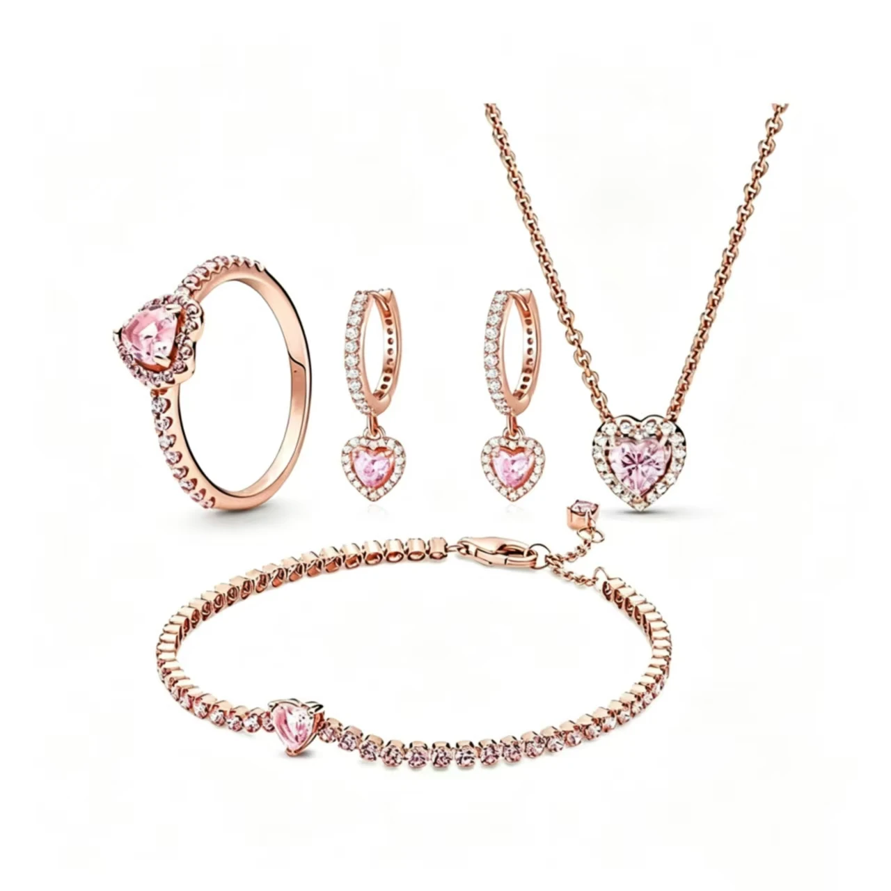 2026 New Rose Gold Pink Crystal Flower Language Necklace Earpiece Set Exquisite Luxury Luxury Premium Commemorative Day Gift