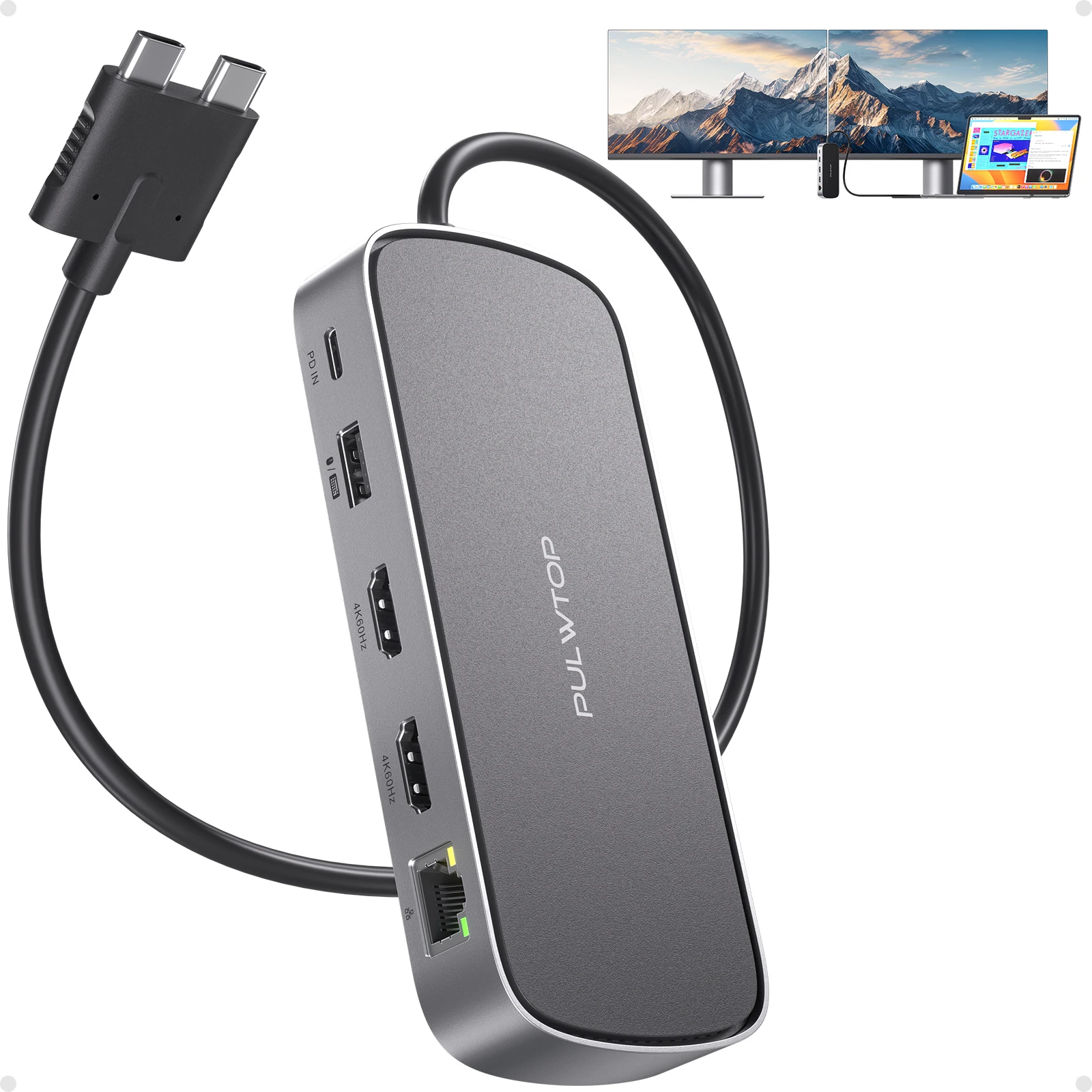 PULWTOP Macbook Docking Station Dual Monitor, Macbook Dock with 2HDMI,PD,Ethernet,USB A/C 10Gbps,SD/TF, USB 2.0