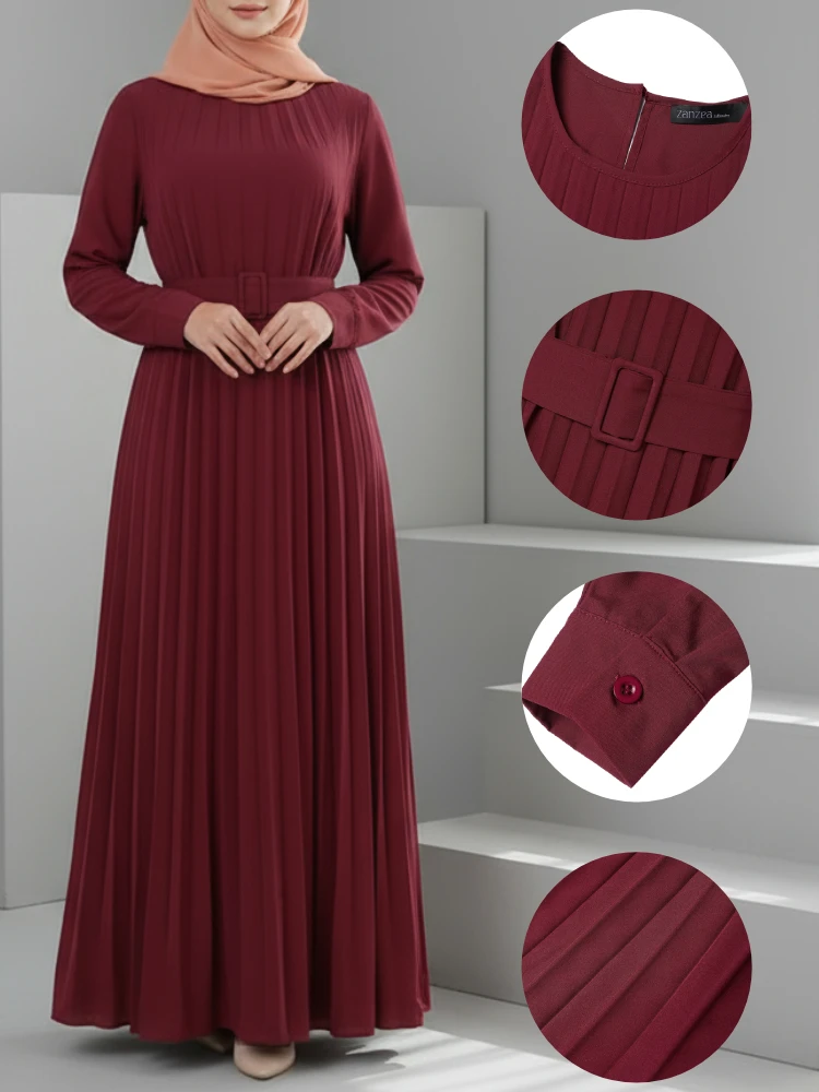 

ZANZEA Modest Hijabs Party Long Dresses Women Muslim O-Neck Long Sleeve Belted Pleated Maxi Dress Elegant Loose Abaya Robes