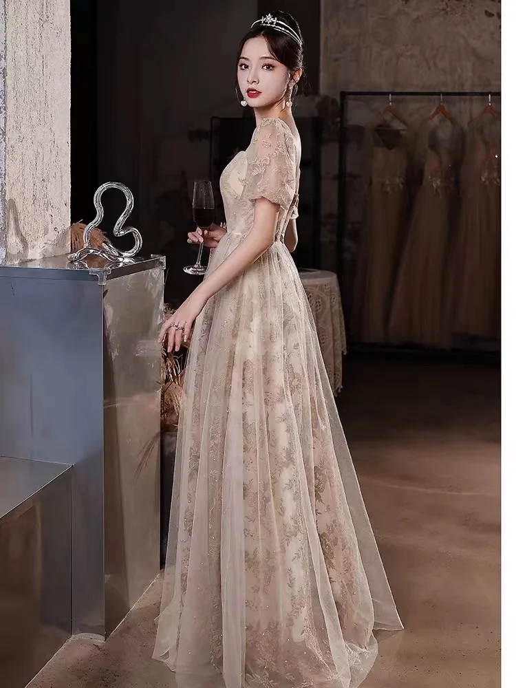 Affascinanti abiti da sera champagne da sposa slim a-line maniche corte moda colletto quadrato lunghi abiti da ballo per banchetti abiti