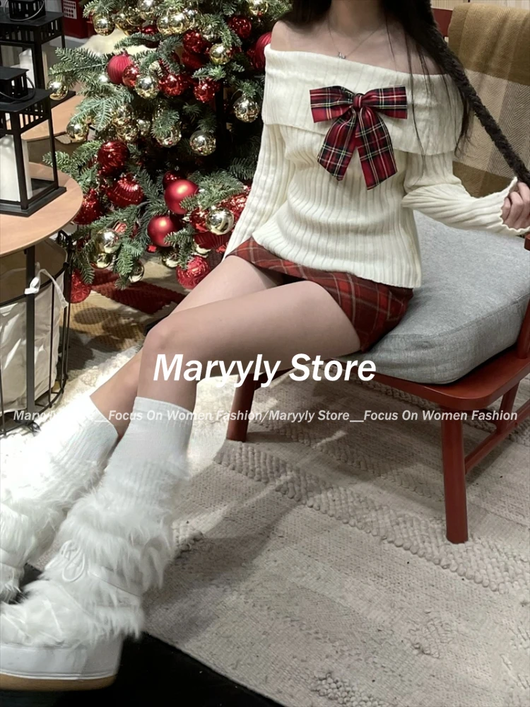 Korean Sweet New 2 Piece Set Women Y2k Bow Slash Neck Knitted Sweater + Vintage Plaid Mini Skirt Autumn Elegant  Fashion Outfits