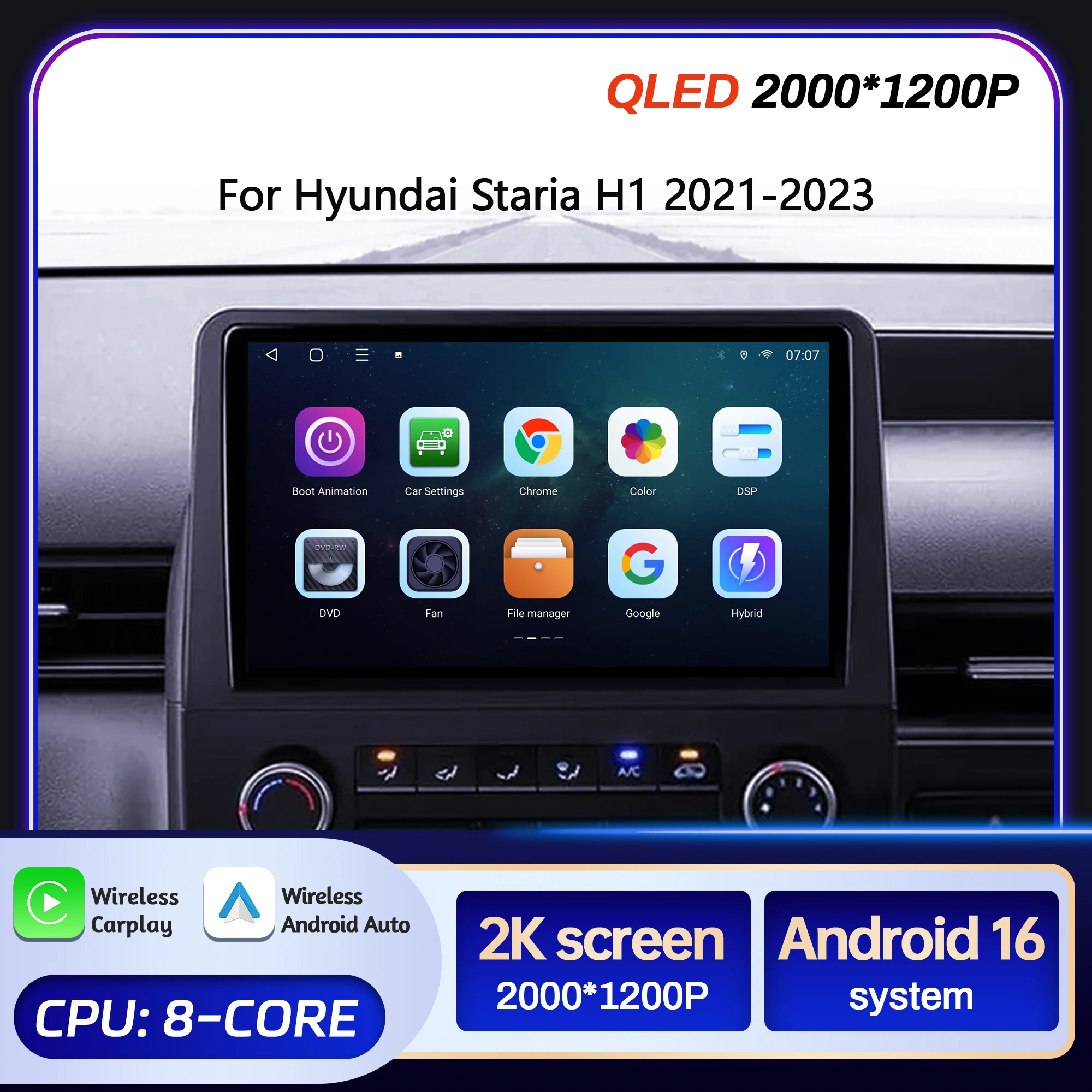 

9" For Hyundai Staria H1 2021-2023 Car Multimedia Radio Android 16 System BT Carplay Android Auto 2K QLED Screen GPS 5G WIFI