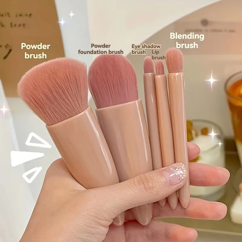 5Pcs Portable Makeup Brush Set with Mirror Storage Box Mini Travel Cosmetics Powder Eyeshadow Blending Brushes Kit for Women