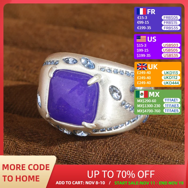 

Vintage Square Ring Purple Natural Stone Light Blue Crystal Rhinestone Woman Silver Plated Accessories Luxury Designer Jewelry
