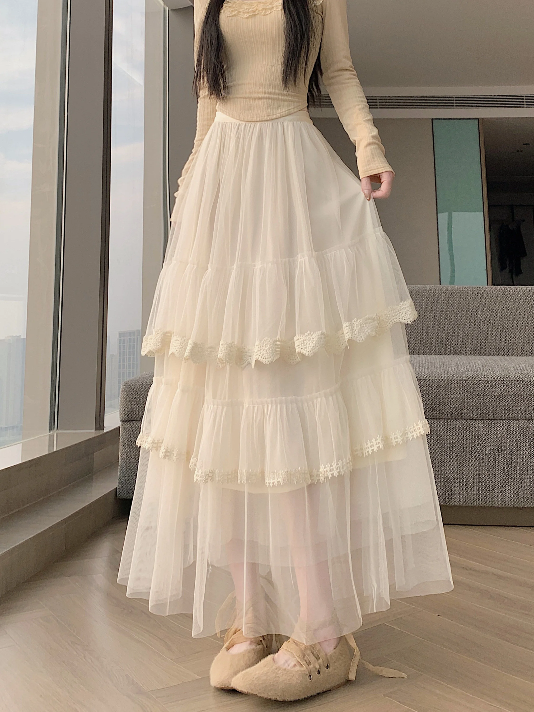 

Юбка с кружевной отделкой, многослойная, с высокой талией, А-силуэт, плиссированная, из фатина, полупрозрачная, весенняя модная женская одежда